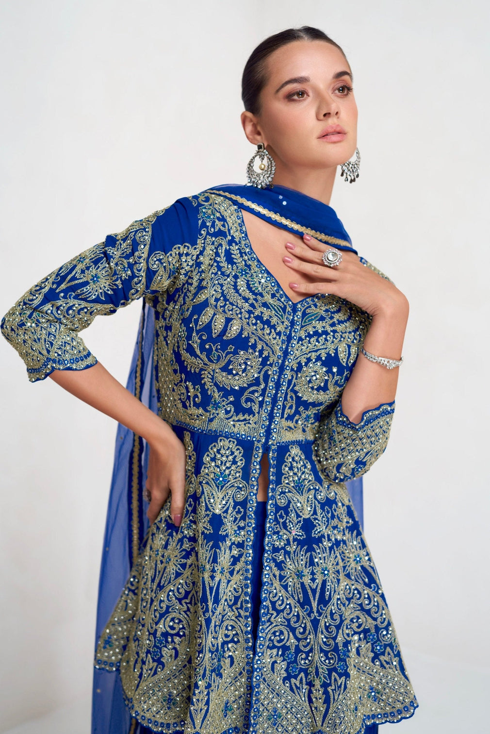 Blue Embroidered Faux Georgette Kurta Palazzo Set with Plain Dupatta – Premium Stitched Ensemble