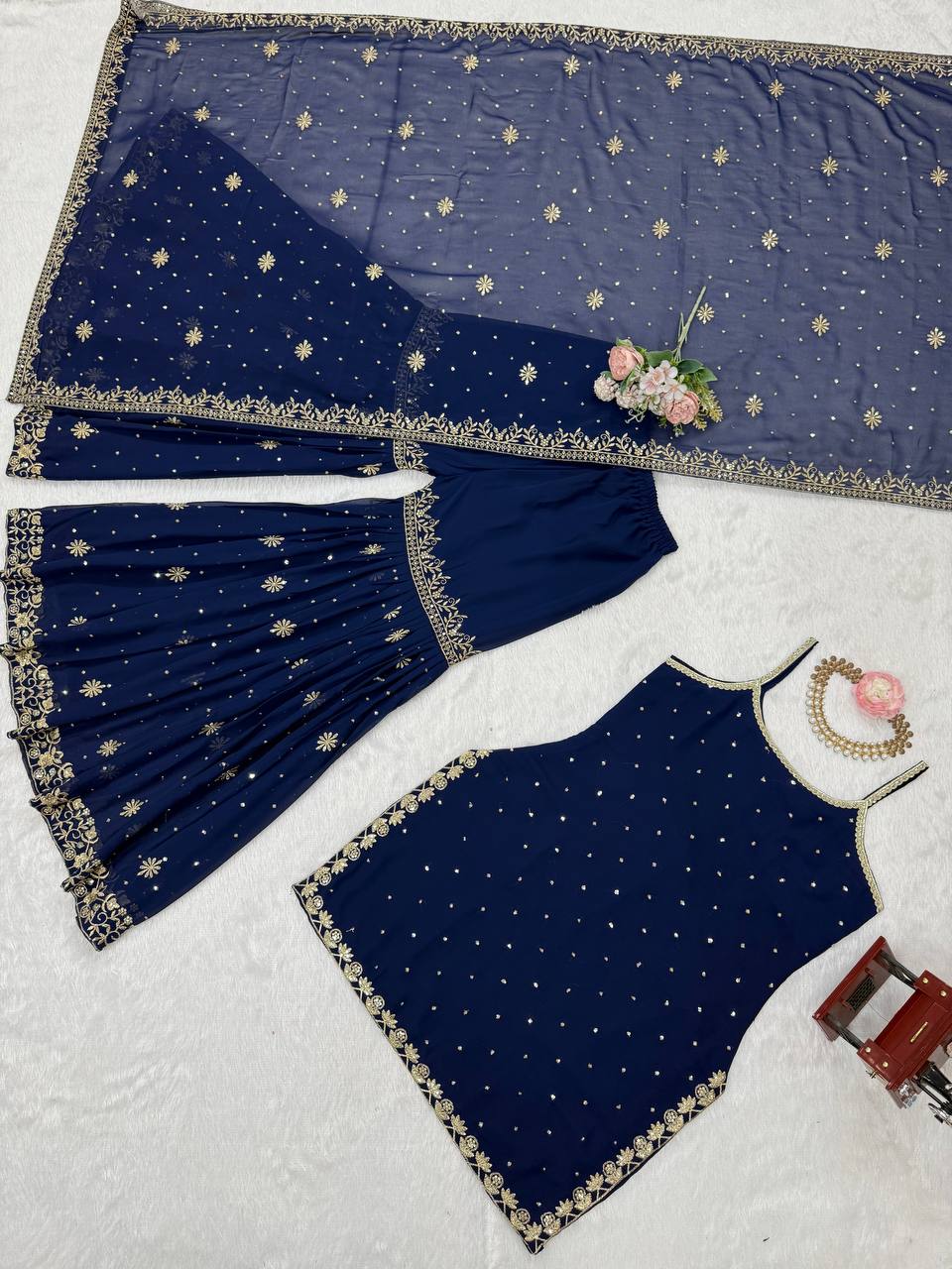 Blue Embroidered Faux Georgette Sharara Set with Lace Border Dupatta