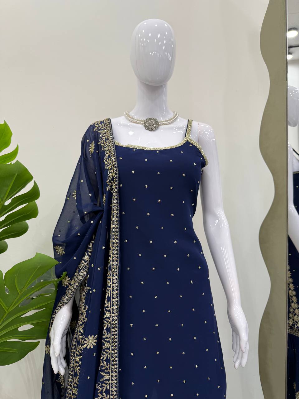 Blue Embroidered Faux Georgette Sharara Set with Lace Border Dupatta