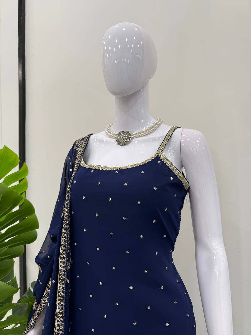 Blue Embroidered Faux Georgette Sharara Set with Lace Border Dupatta