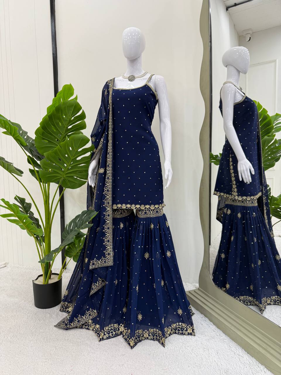 Blue Embroidered Faux Georgette Sharara Set with Lace Border Dupatta
