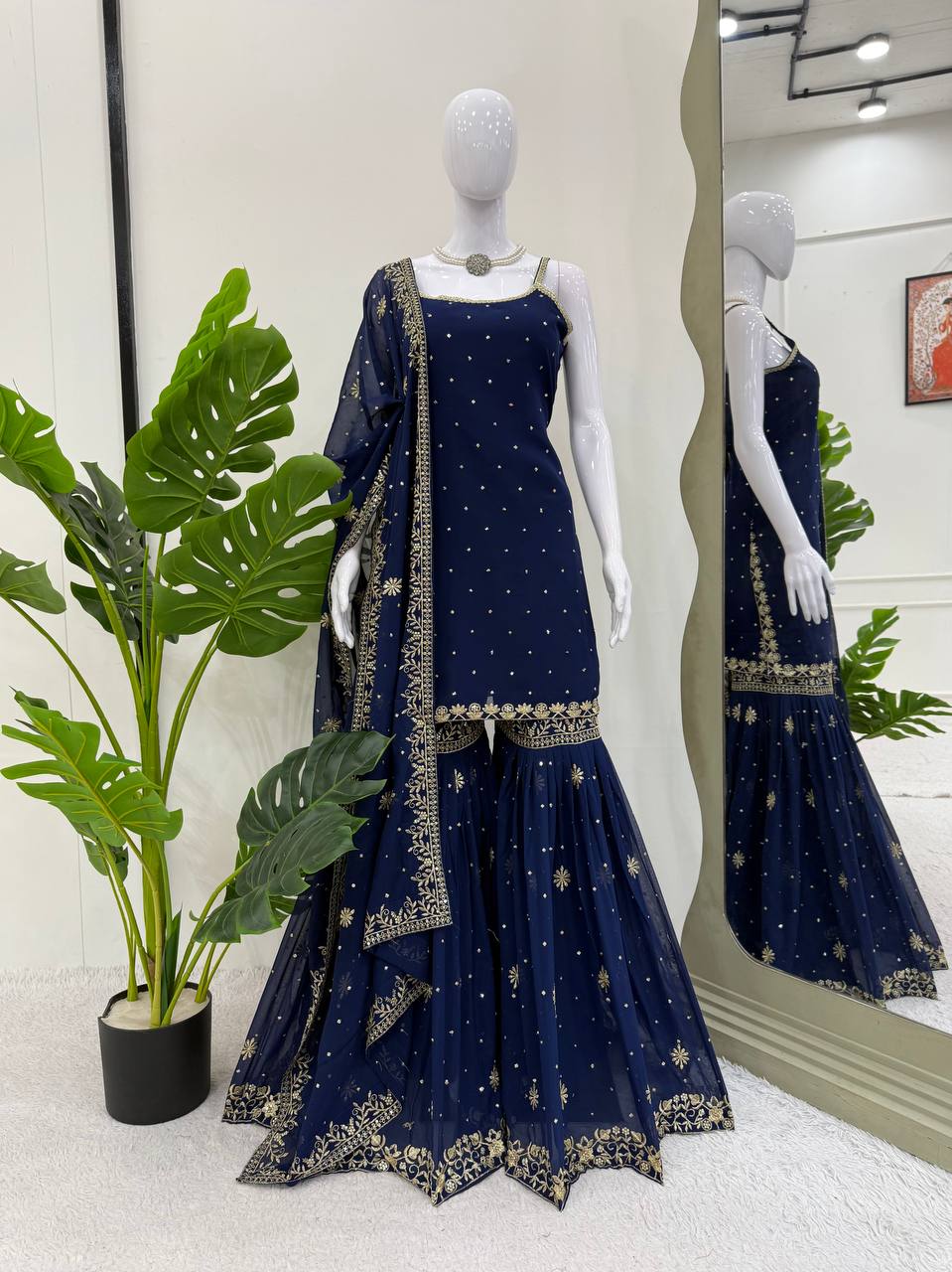 Blue Embroidered Faux Georgette Sharara Set with Lace Border Dupatta