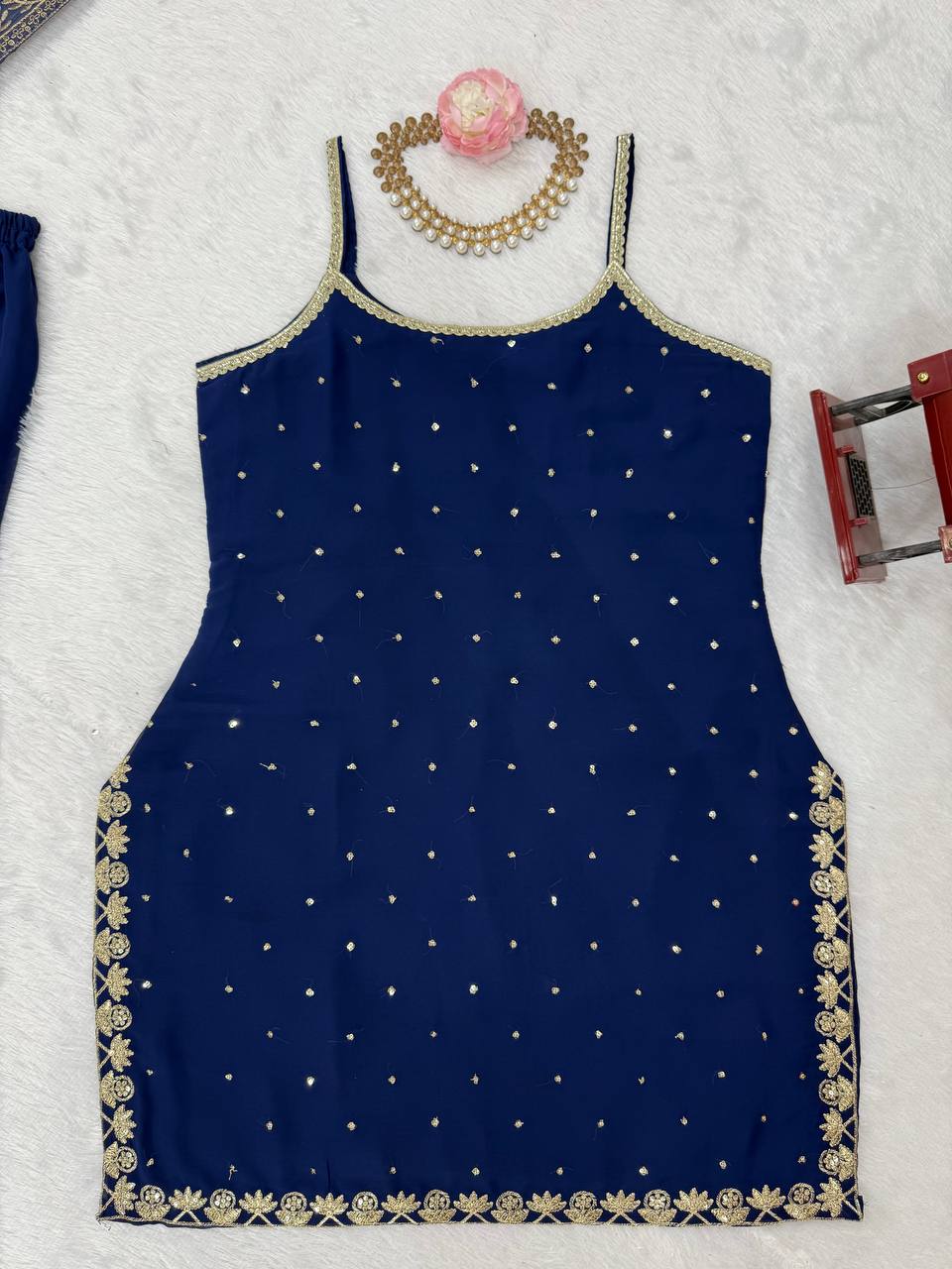 Blue Embroidered Faux Georgette Sharara Set with Lace Border Dupatta