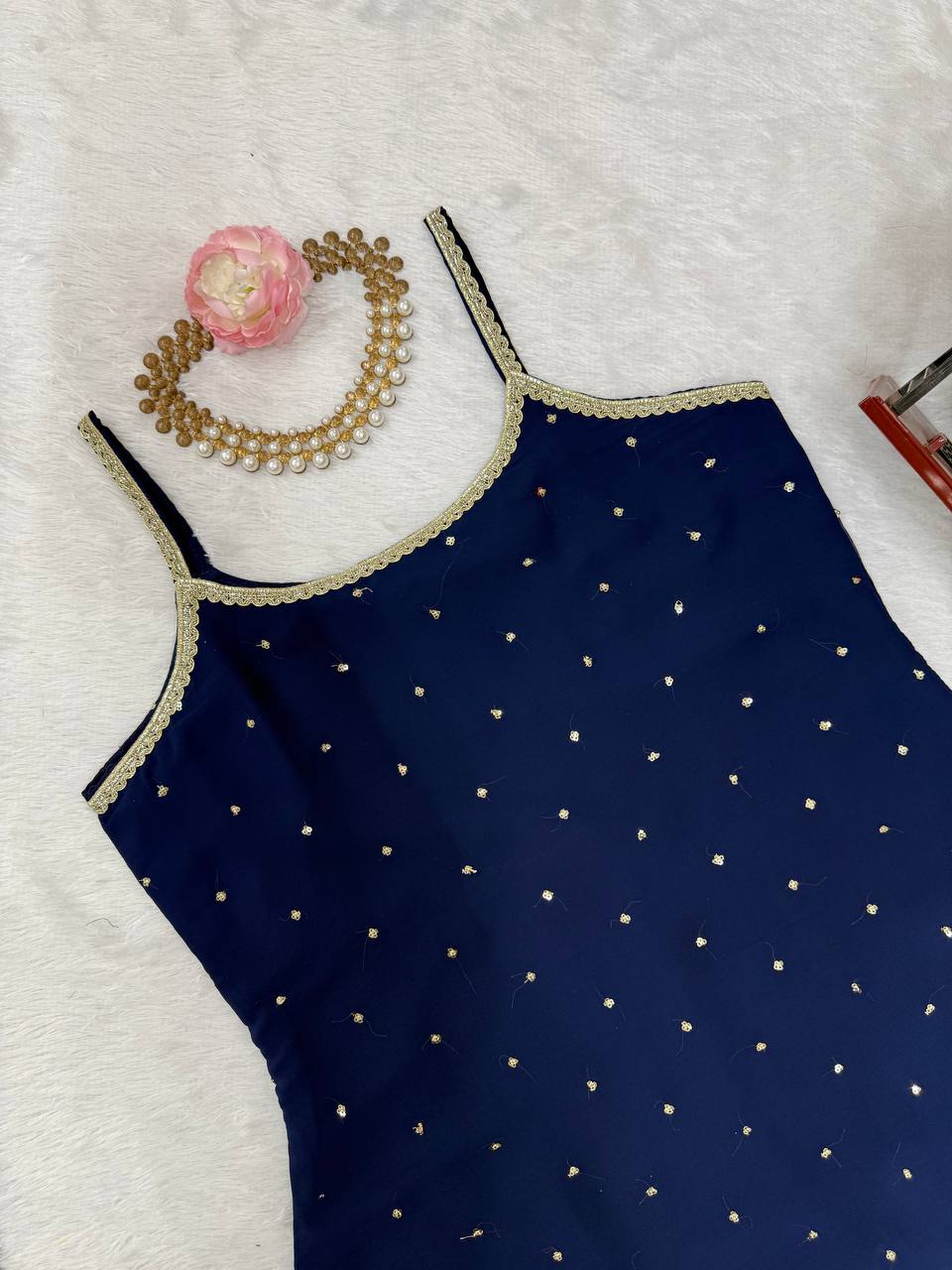 Blue Embroidered Faux Georgette Sharara Set with Lace Border Dupatta