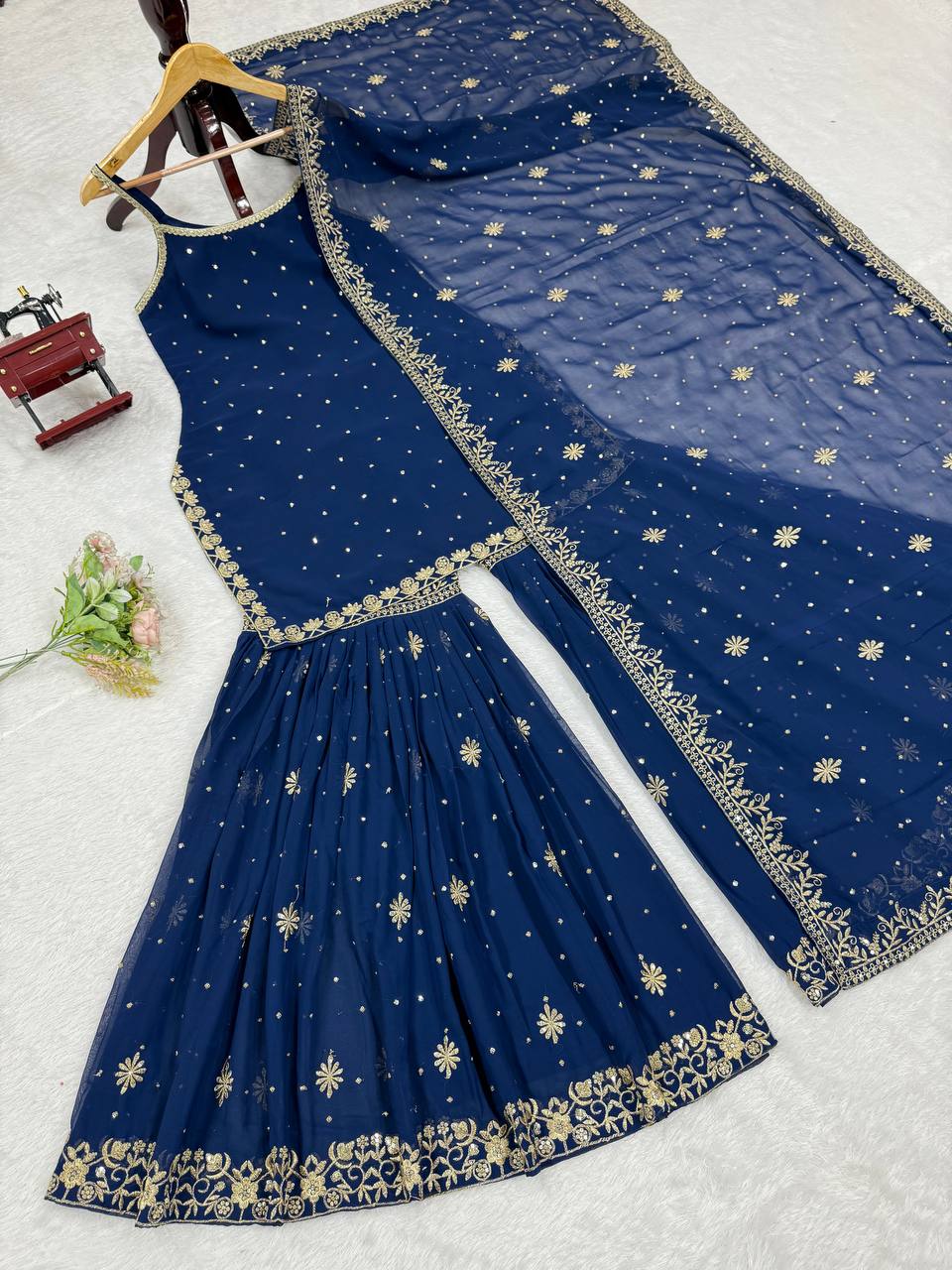 Blue Embroidered Faux Georgette Sharara Set with Lace Border Dupatta