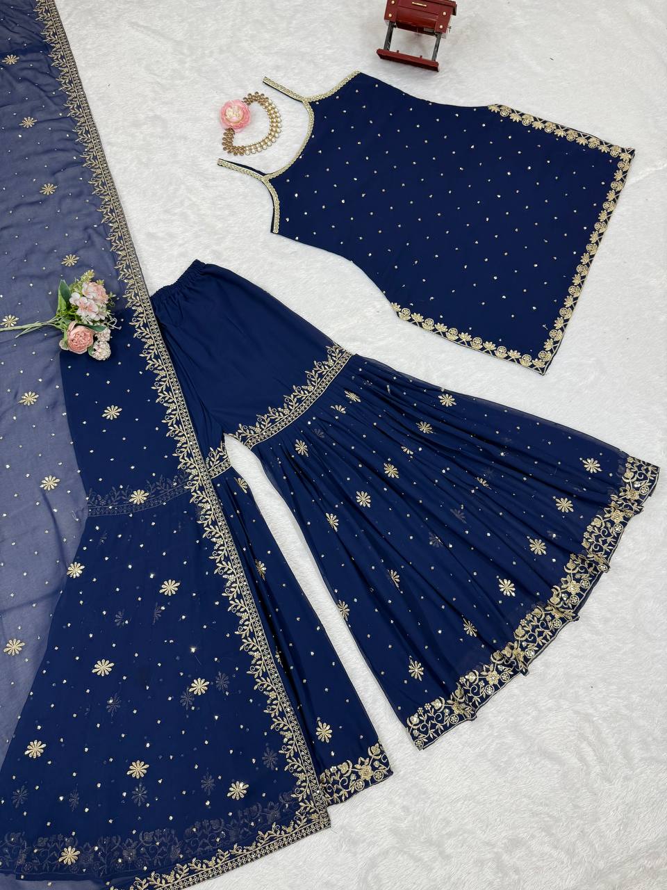 Blue Embroidered Faux Georgette Sharara Set with Lace Border Dupatta