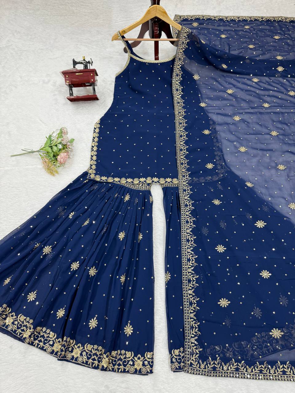 Blue Embroidered Faux Georgette Sharara Set with Lace Border Dupatta