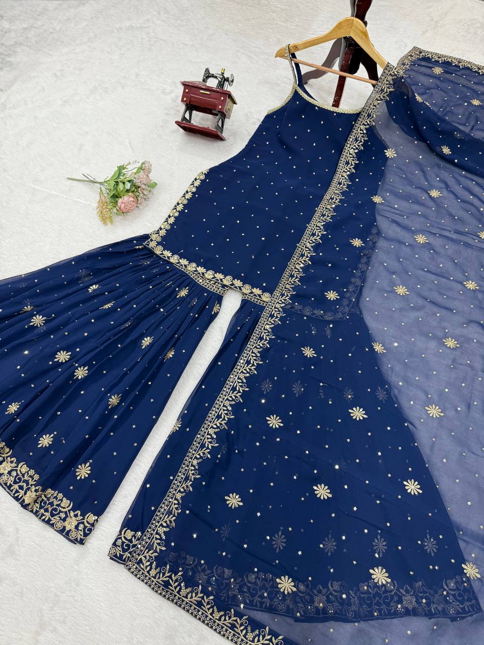 Blue Embroidered Faux Georgette Sharara Set with Lace Border Dupatta