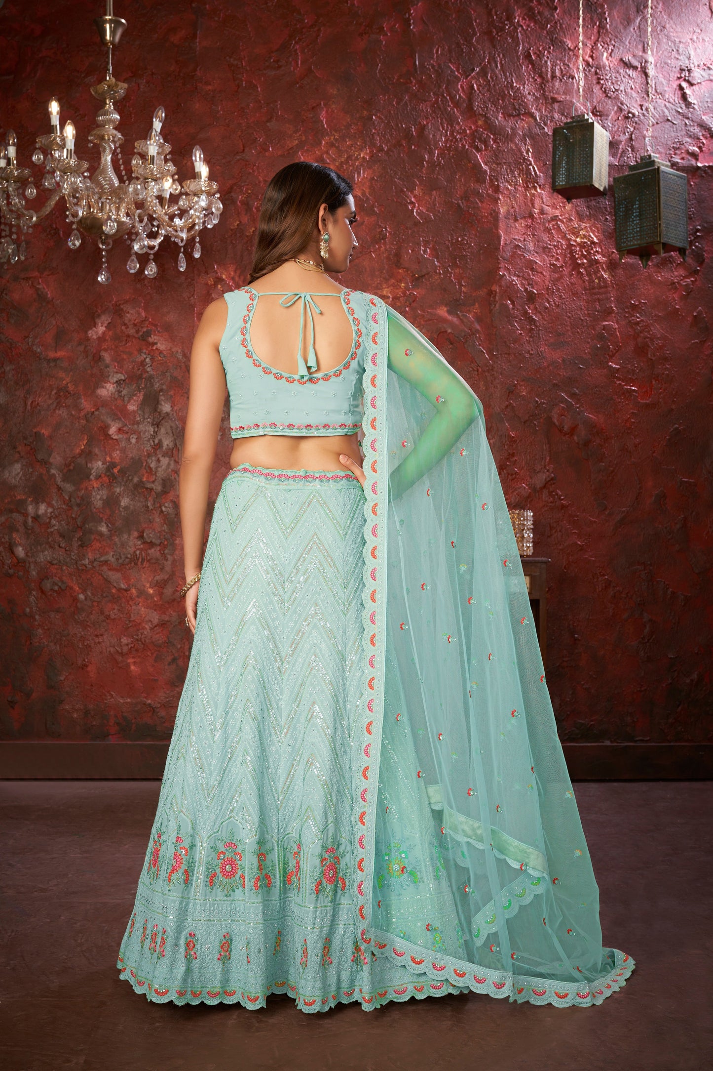 Blue Embroidered Fox Georgette Lehenga Choli Set