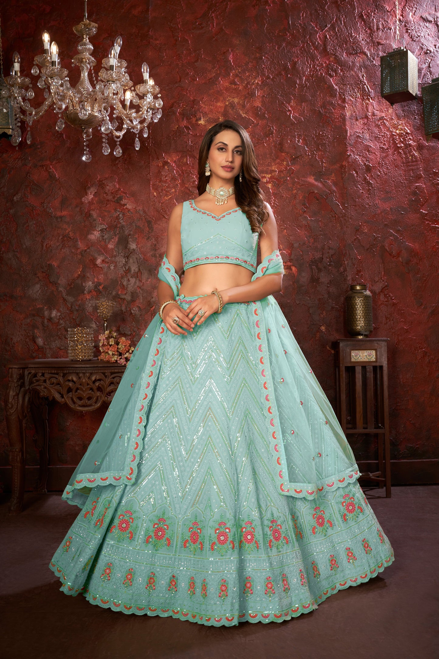 Blue Embroidered Fox Georgette Lehenga Choli Set