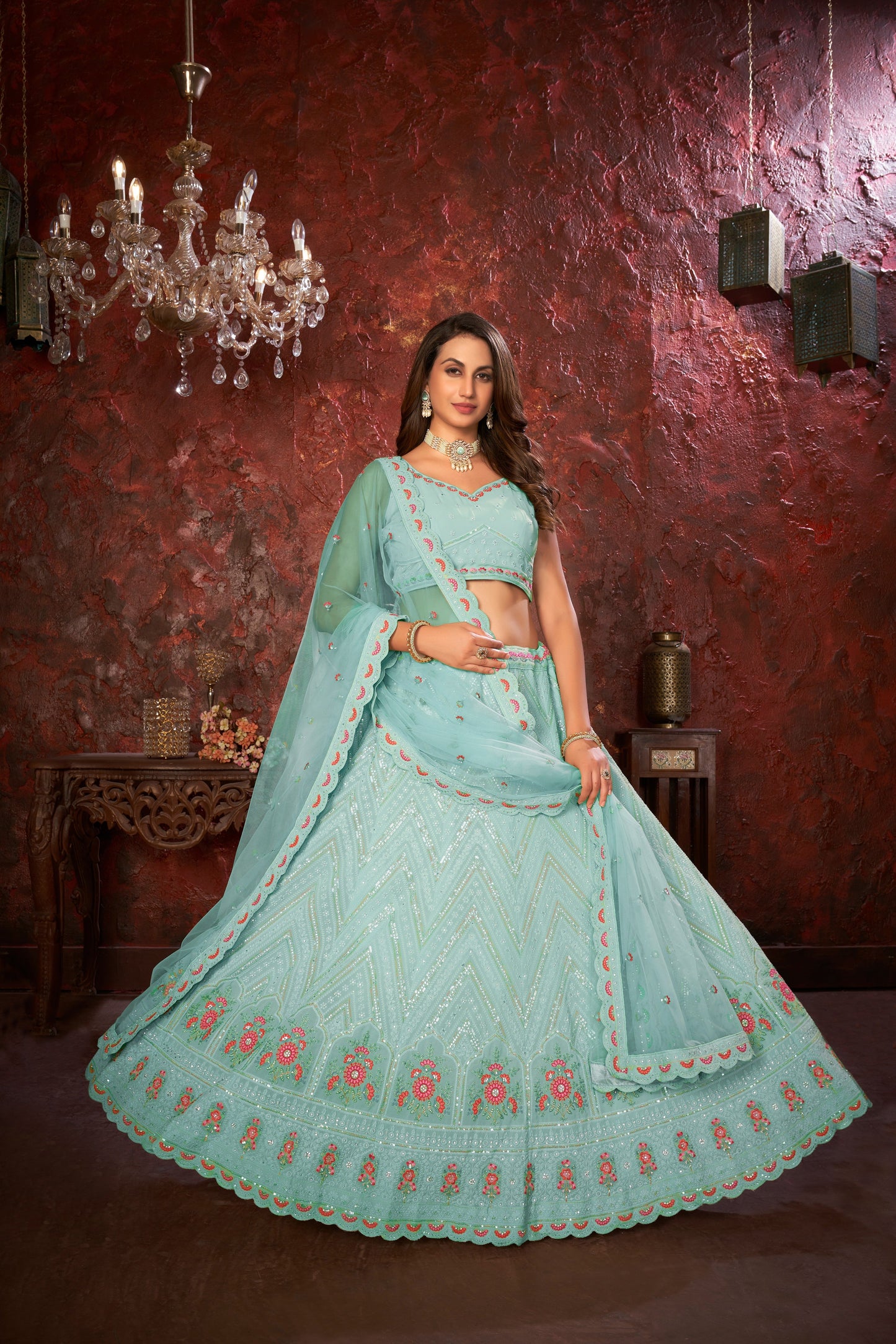 Blue Embroidered Fox Georgette Lehenga Choli Set