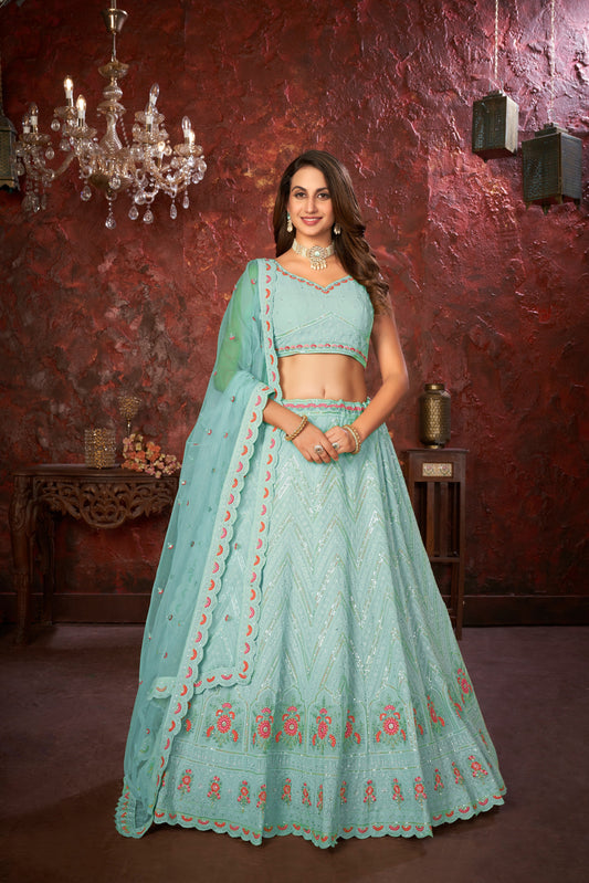 Blue Embroidered Fox Georgette Lehenga Choli Set