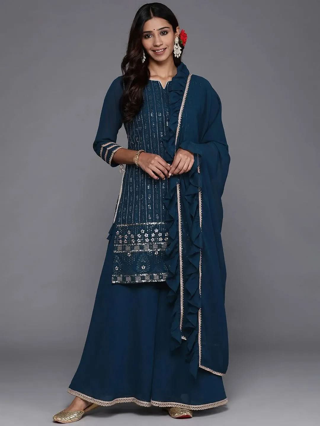 Mameraa Blue Embroidered Georgette Straight Kurta With Palazzos & Dupatta
