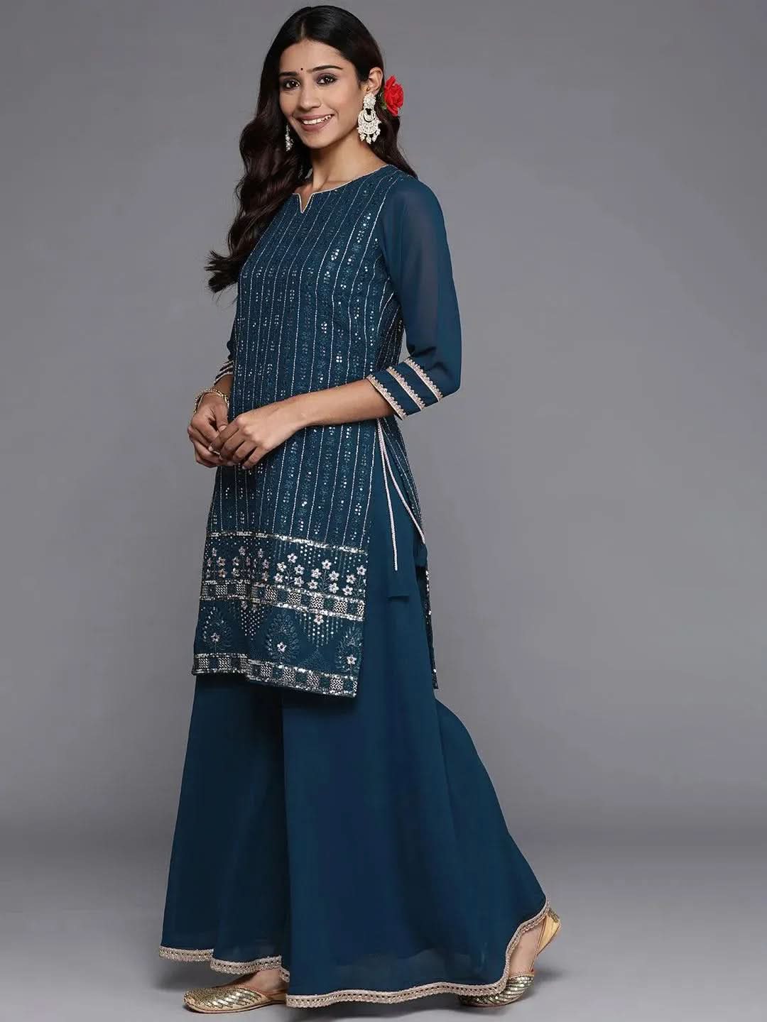 Mameraa Blue Embroidered Georgette Straight Kurta With Palazzos & Dupatta