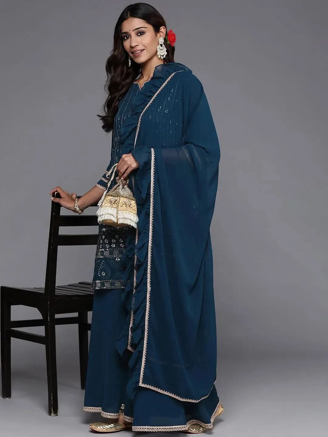 Mameraa Blue Embroidered Georgette Straight Kurta With Palazzos & Dupatta