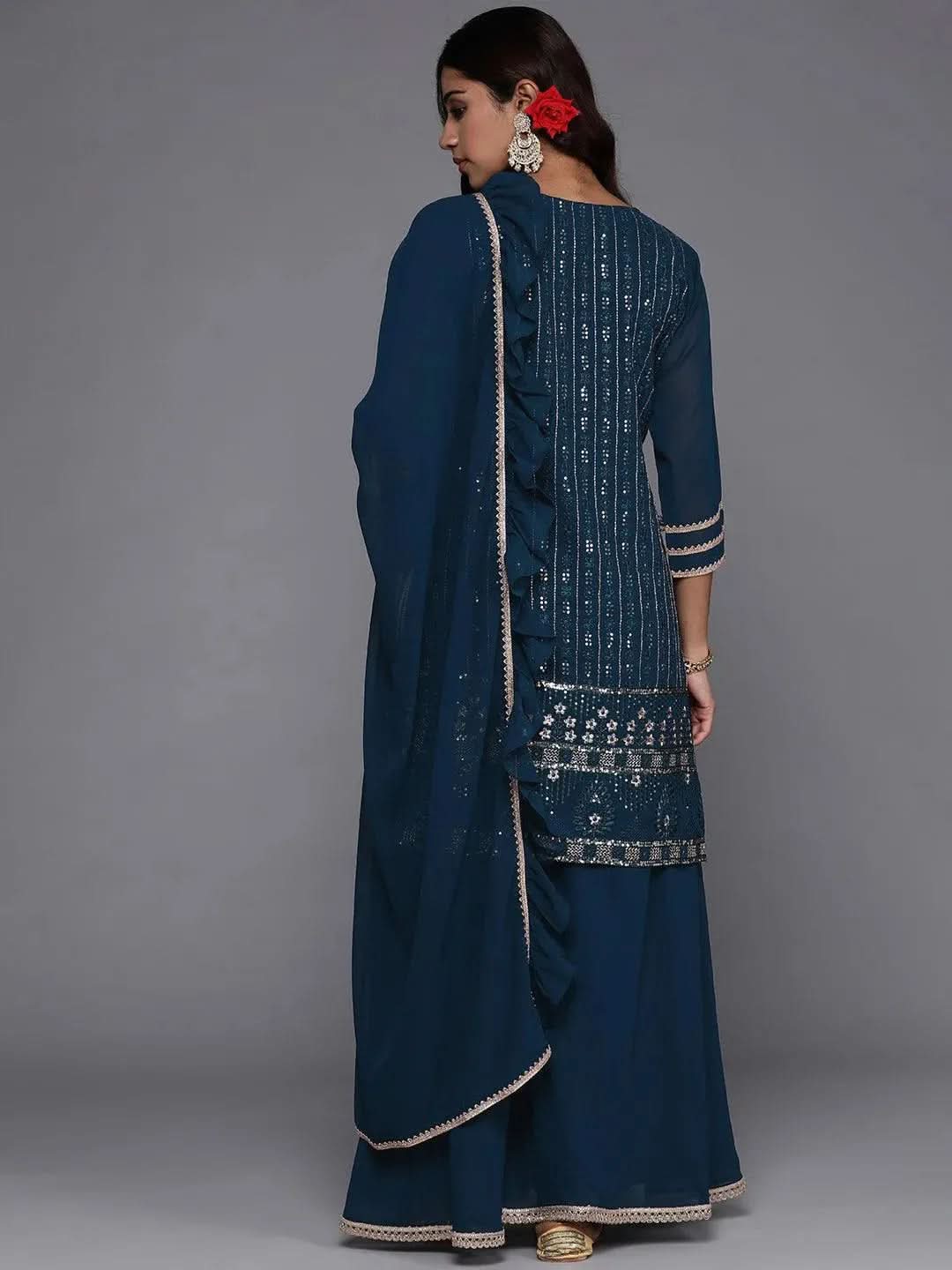 Mameraa Blue Embroidered Georgette Straight Kurta With Palazzos & Dupatta
