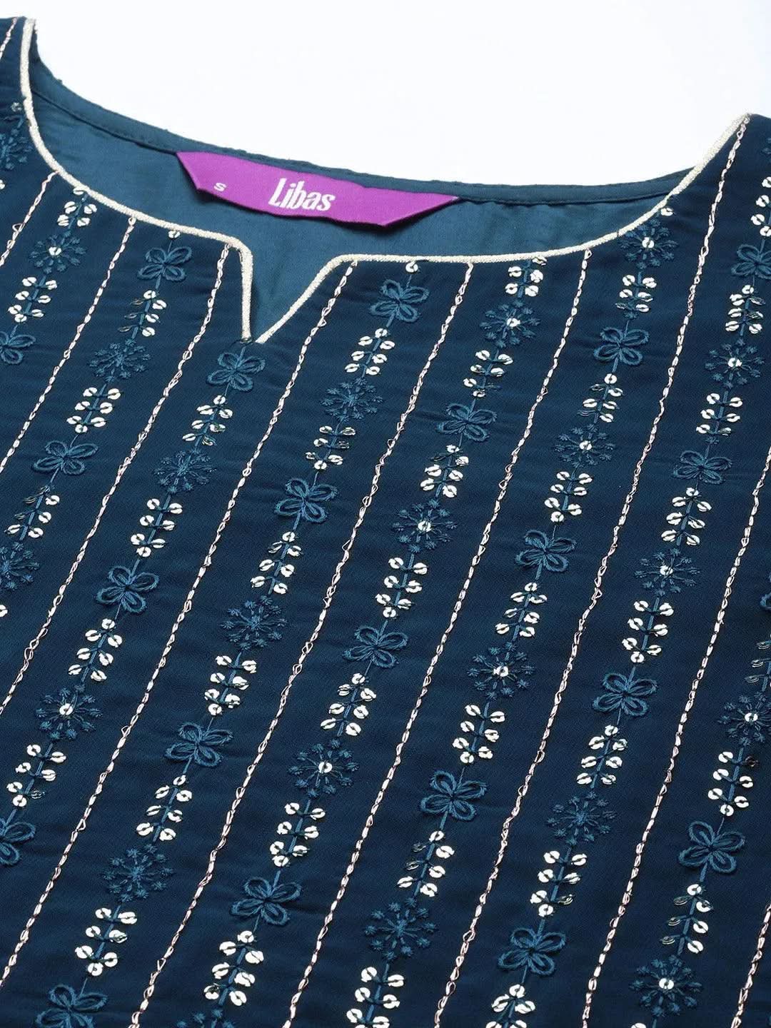 Mameraa Blue Embroidered Georgette Straight Kurta With Palazzos & Dupatta