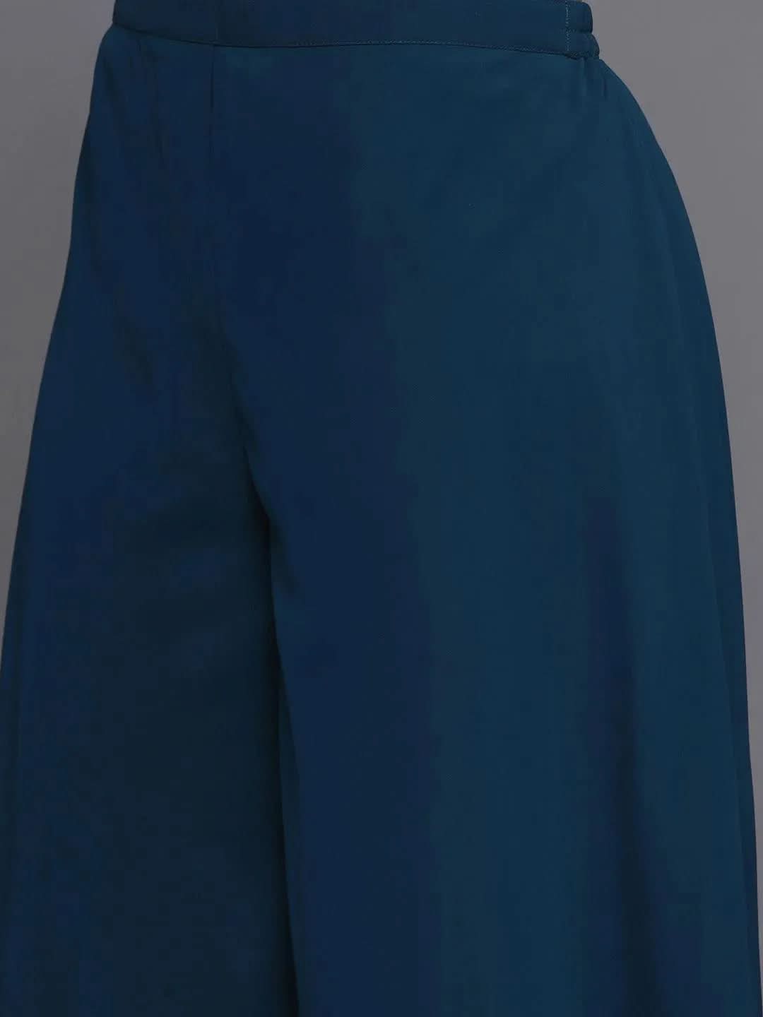 Mameraa Blue Embroidered Georgette Straight Kurta With Palazzos & Dupatta
