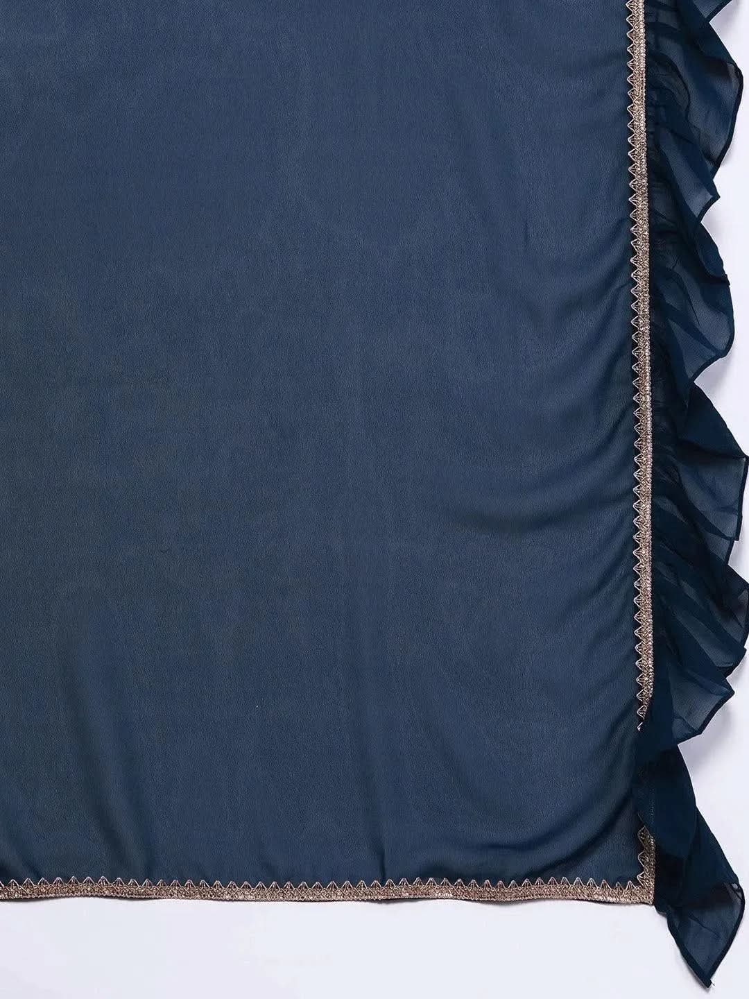 Mameraa Blue Embroidered Georgette Straight Kurta With Palazzos & Dupatta
