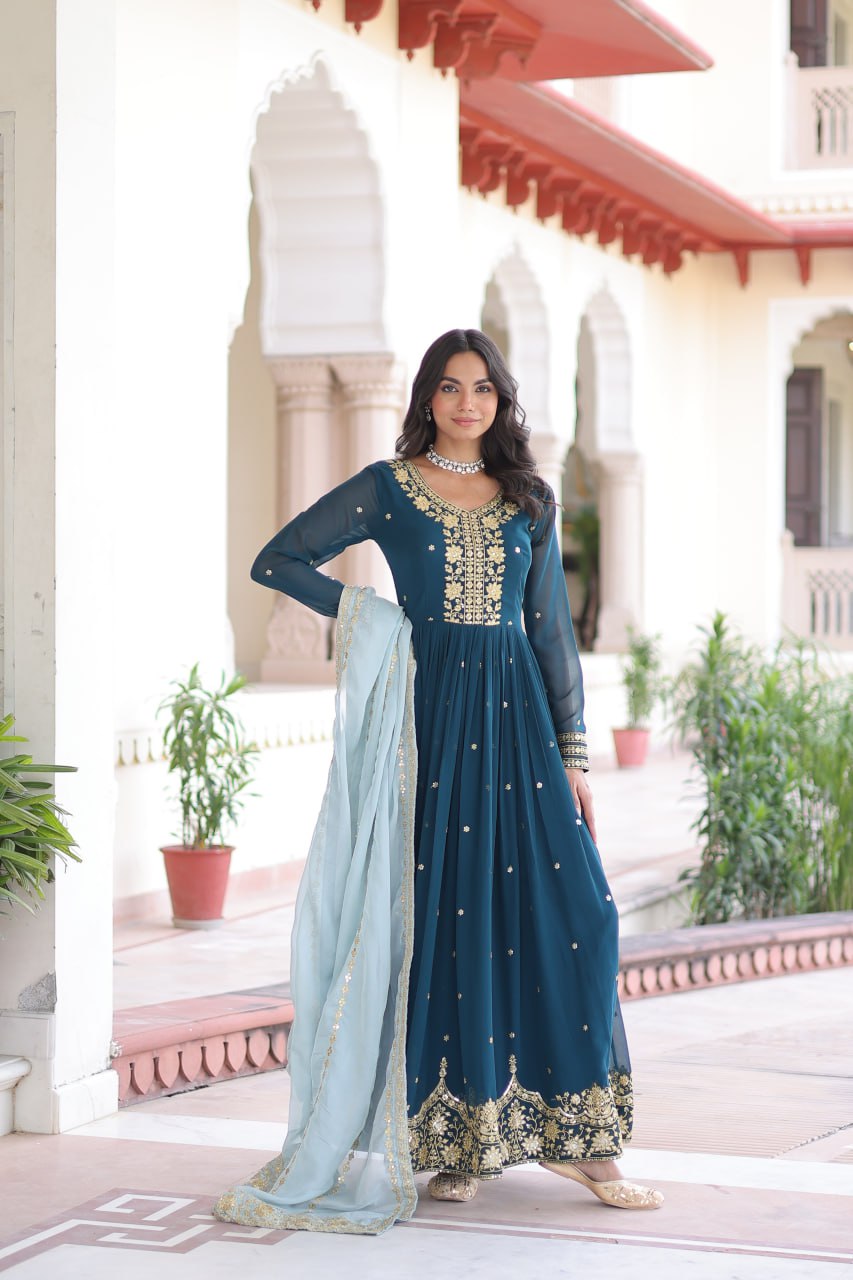 Blue Embroidered Gown with Dupatta