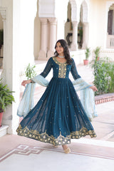 Blue Embroidered Gown with Dupatta