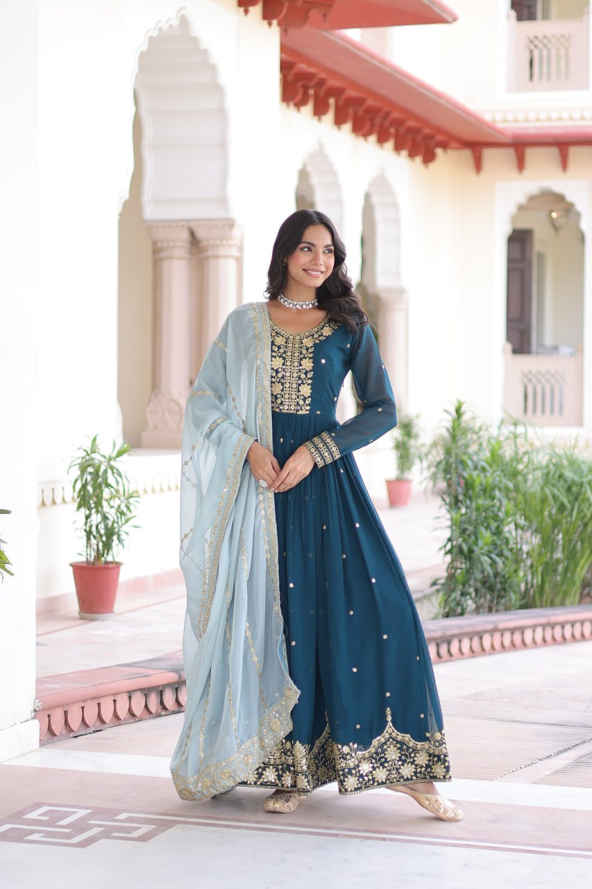 Blue Embroidered Gown with Dupatta