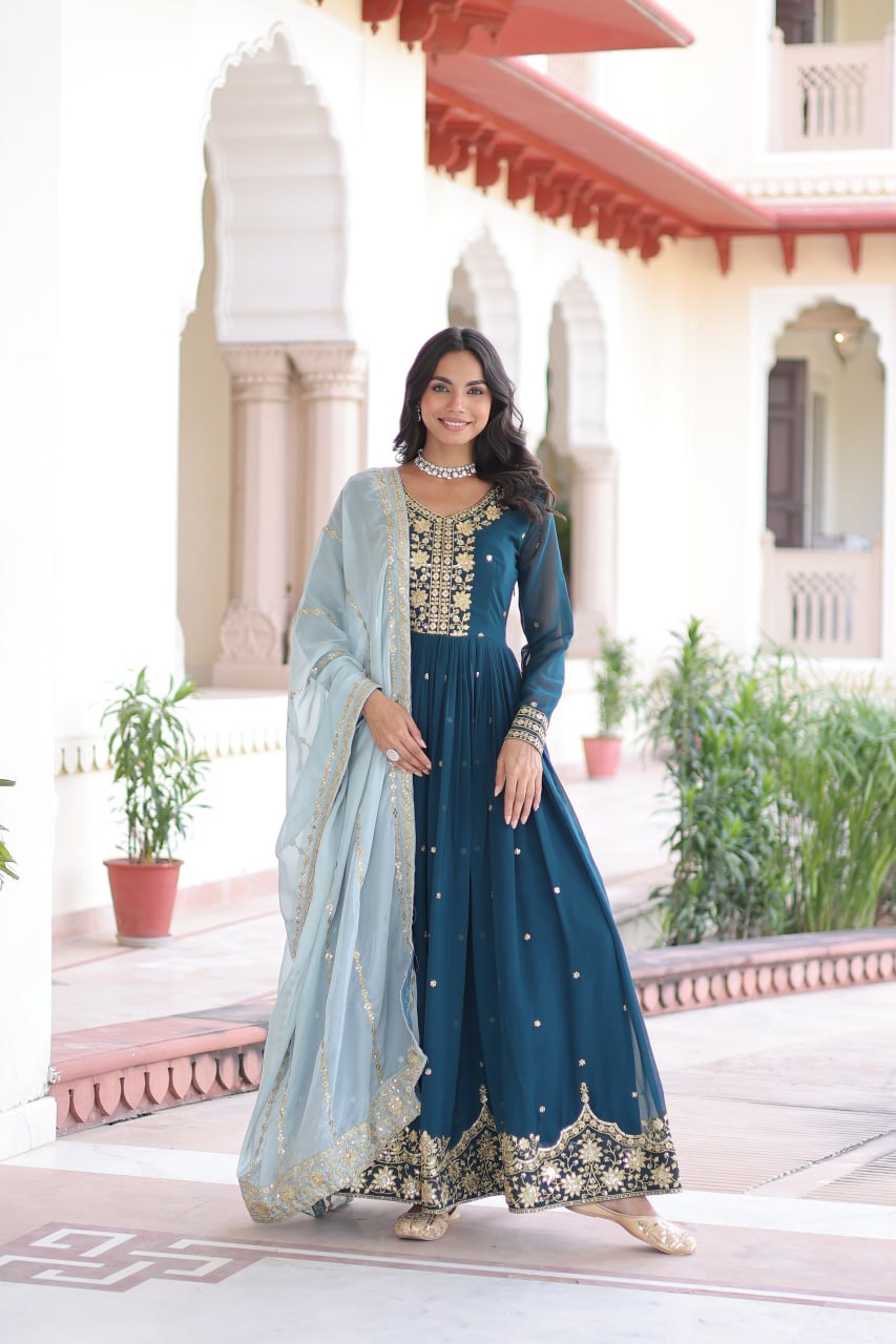 Blue Embroidered Gown with Dupatta