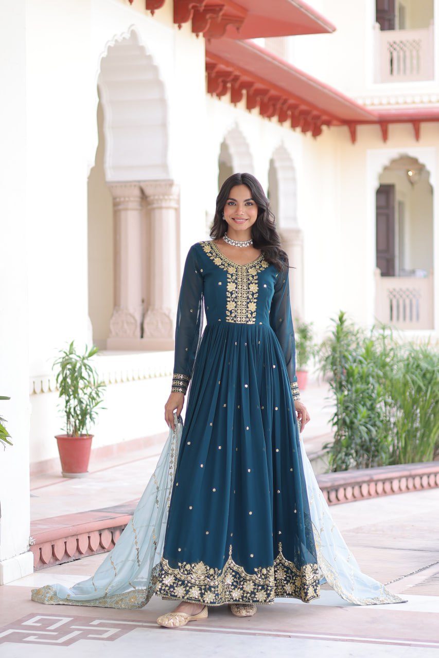 Blue Embroidered Gown with Dupatta