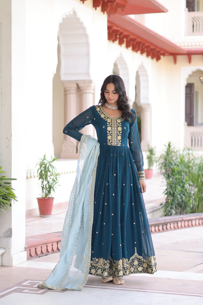Blue Embroidered Gown with Dupatta