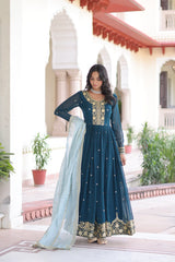 Blue Embroidered Gown with Dupatta