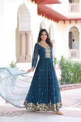 Blue Embroidered Gown with Dupatta