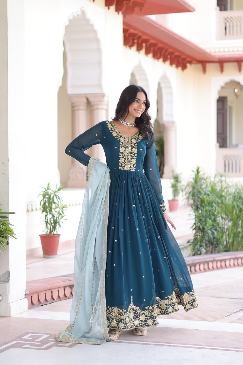 Blue Embroidered Gown with Dupatta