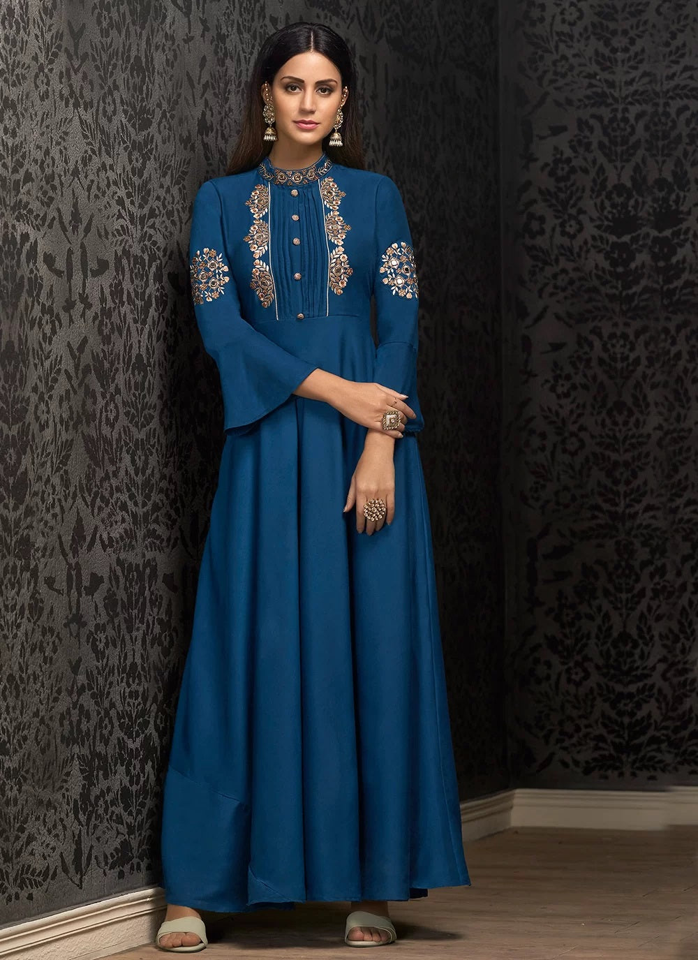 Blue embroidered muslin stylish gown