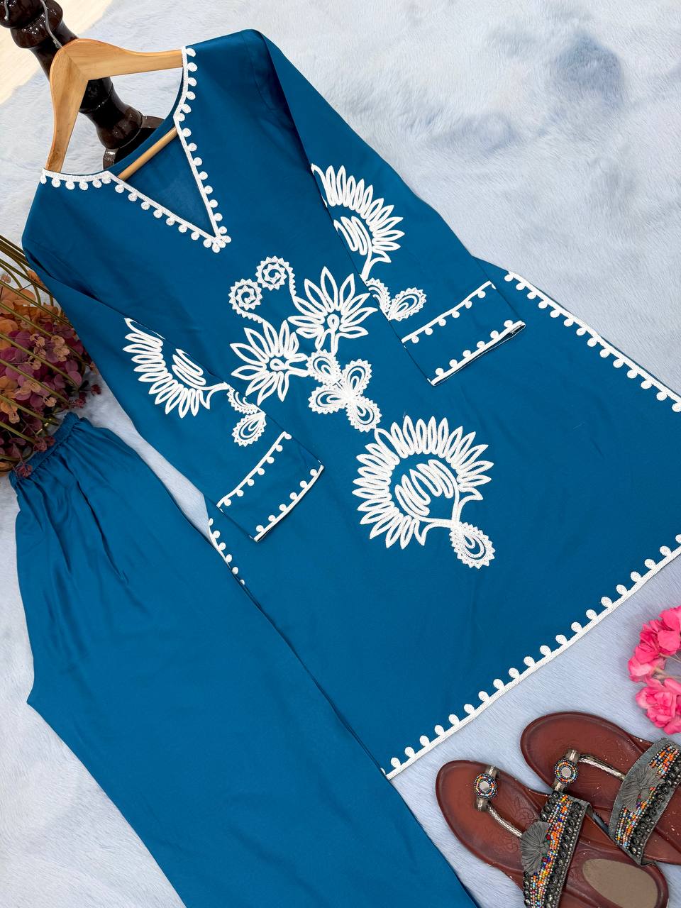 Blue Embroidered Rayon Co-ord Set