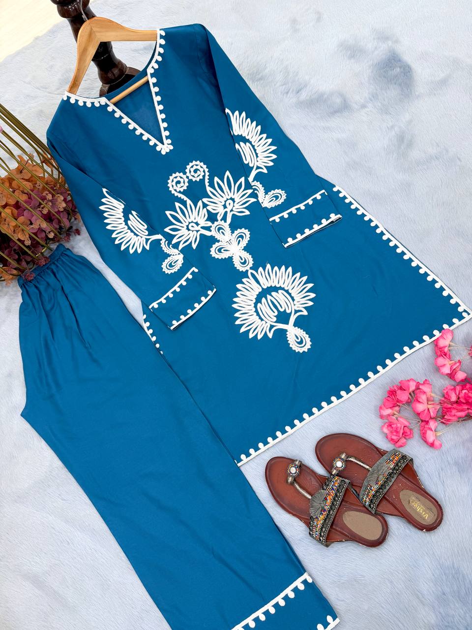 Blue Embroidered Rayon Co-ord Set