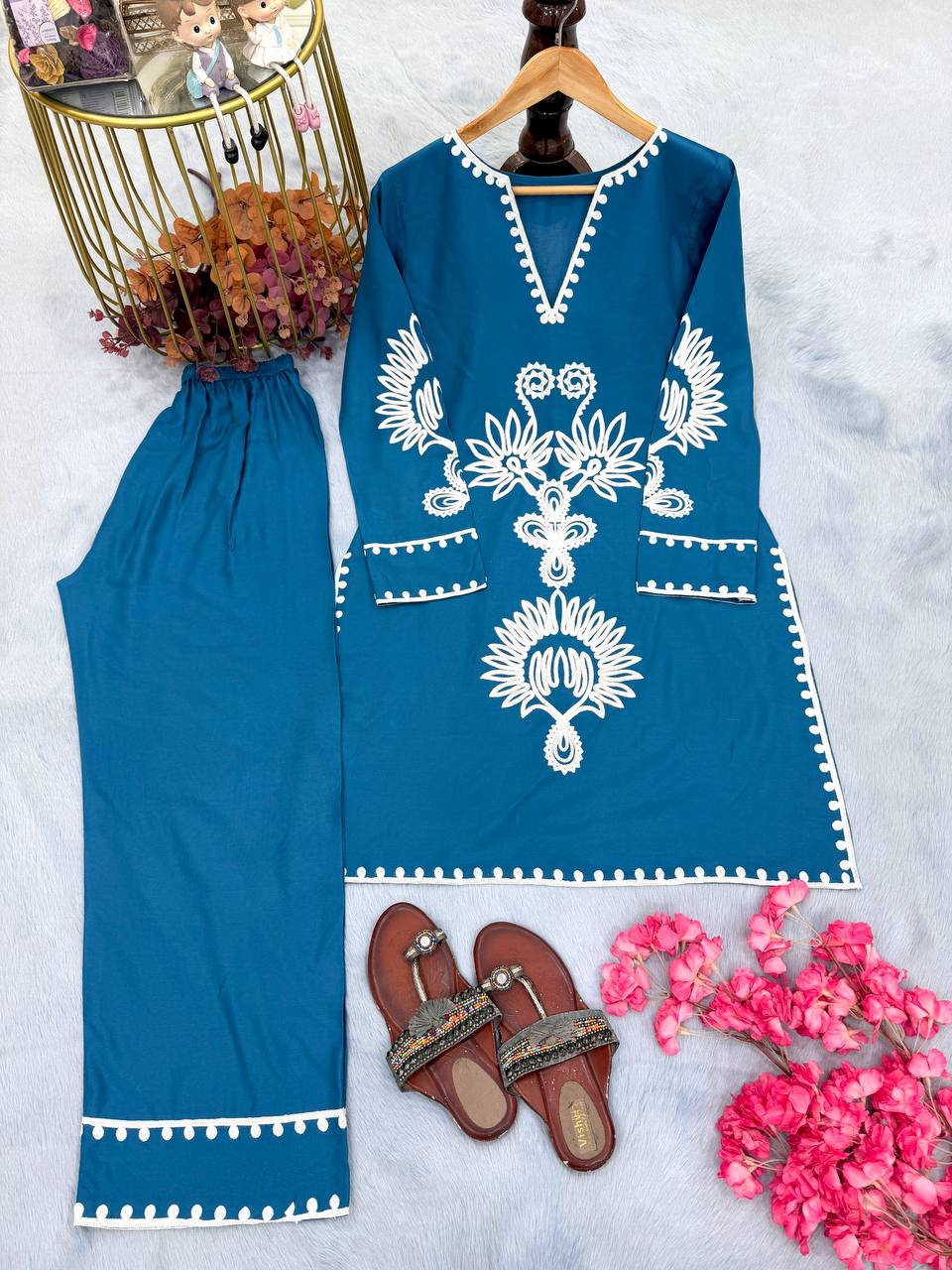 Blue Embroidered Rayon Co-ord Set