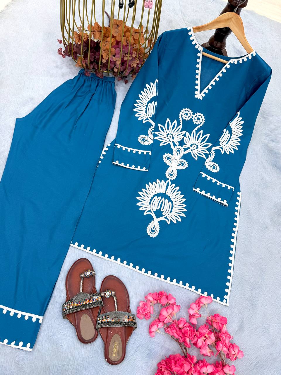 Blue Embroidered Rayon Co-ord Set