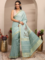 Libas Blue Embroidered Silk Blend Saree With Unstitched Blouse Piece