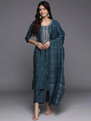 Mameraa Blue Embroidered Straight Suit With Dupatta - Mameraa