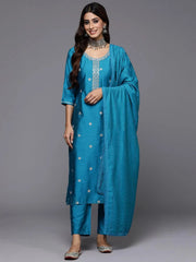 Mameraa Blue Embroidered Straight Suit With Dupatta - Mameraa