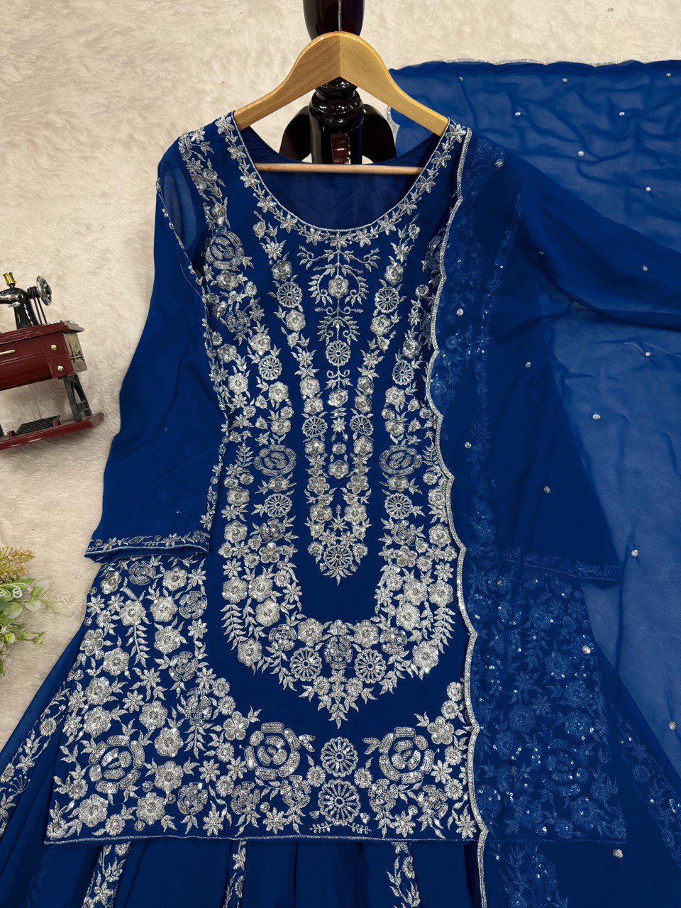 Blue Ethnic Elegance Faux Georgette Thread & Sequin Embroidered Suit Set