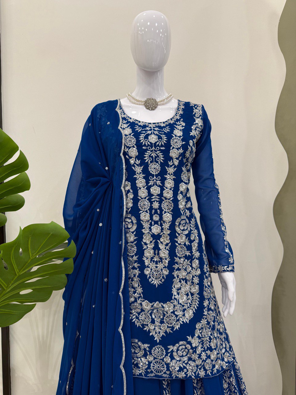 Blue Ethnic Elegance Faux Georgette Thread & Sequin Embroidered Suit Set