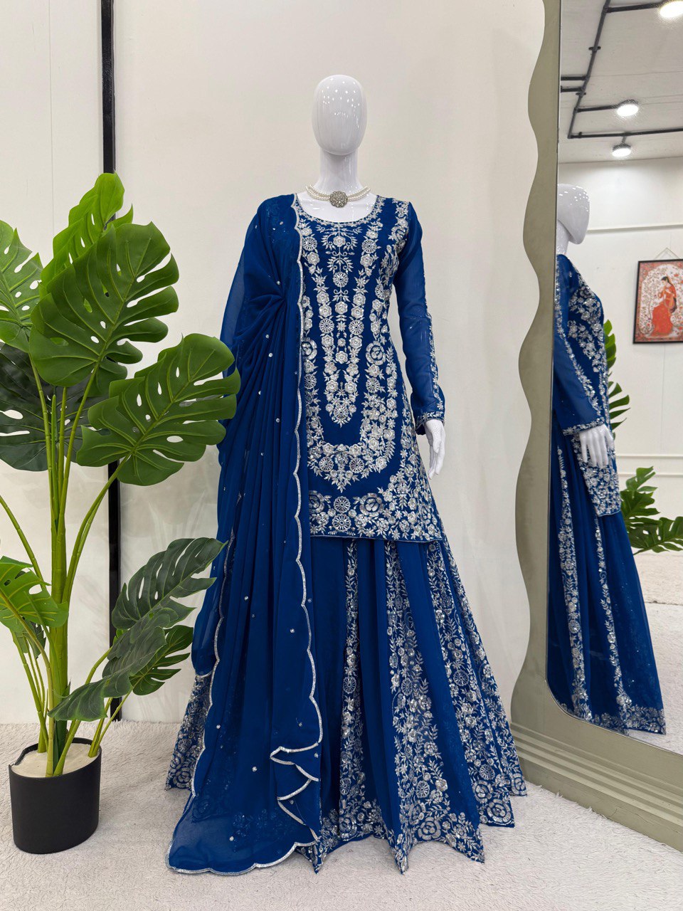 Blue Ethnic Elegance Faux Georgette Thread & Sequin Embroidered Suit Set