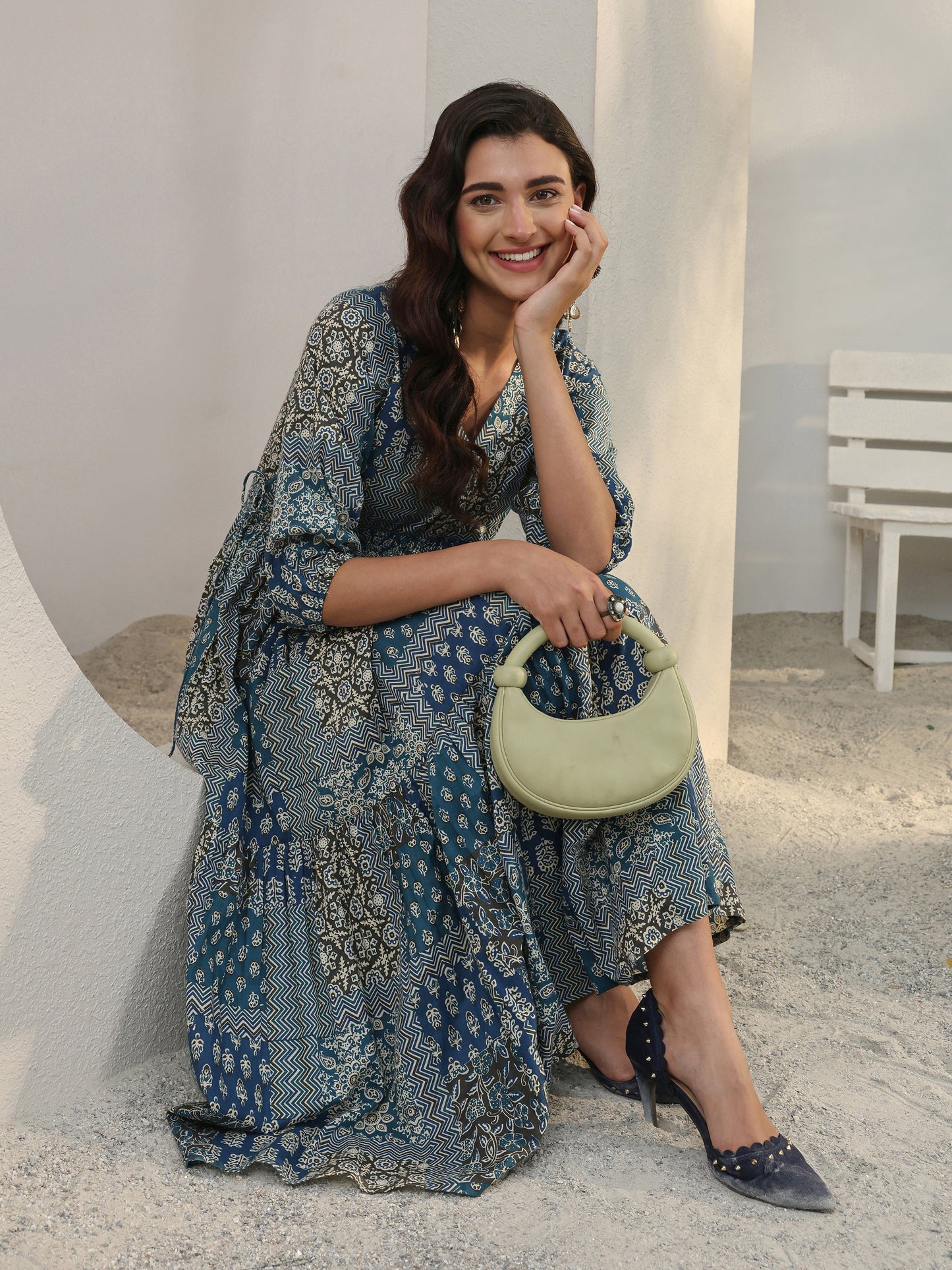 Libas Blue Ethnic Printed Cotton A-Line One Piece Dress