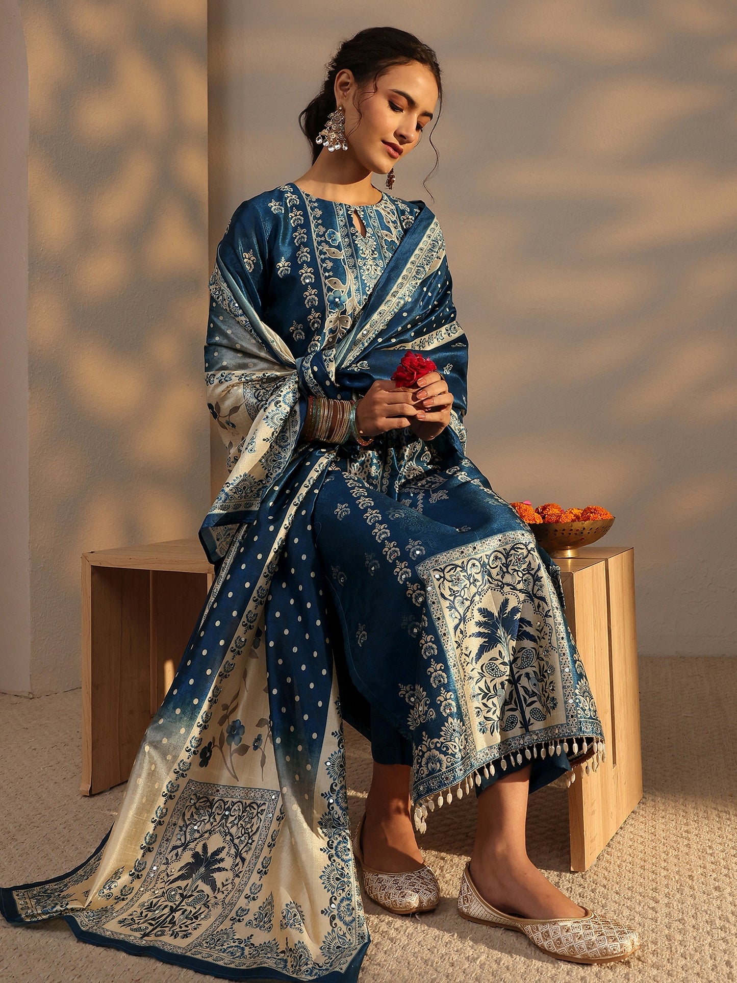 Libas Blue Ethnic Printed Silk Blend Straight Suit Set With Dupatta