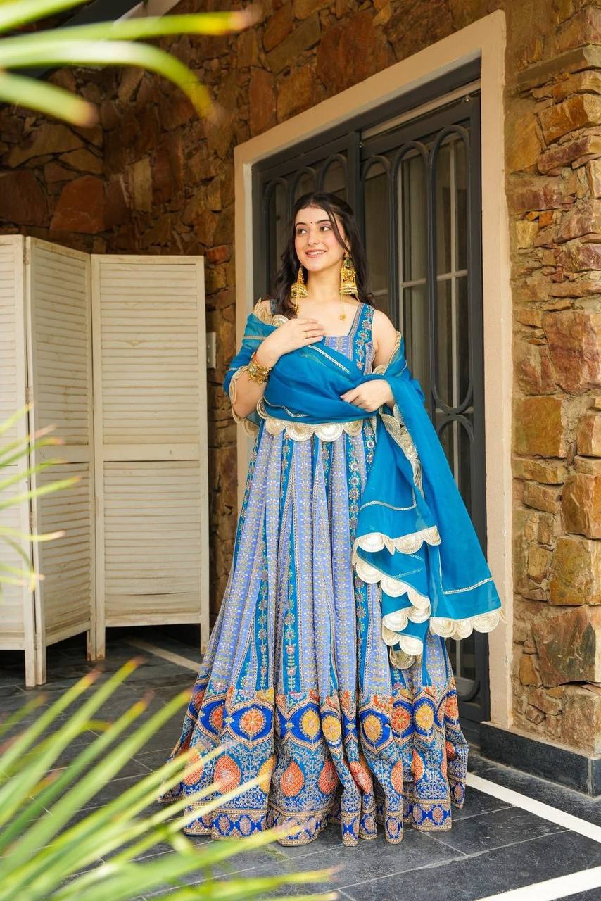 Blue Exclusive Jimmy Organza Silk Anarkali Gown with Dupatta