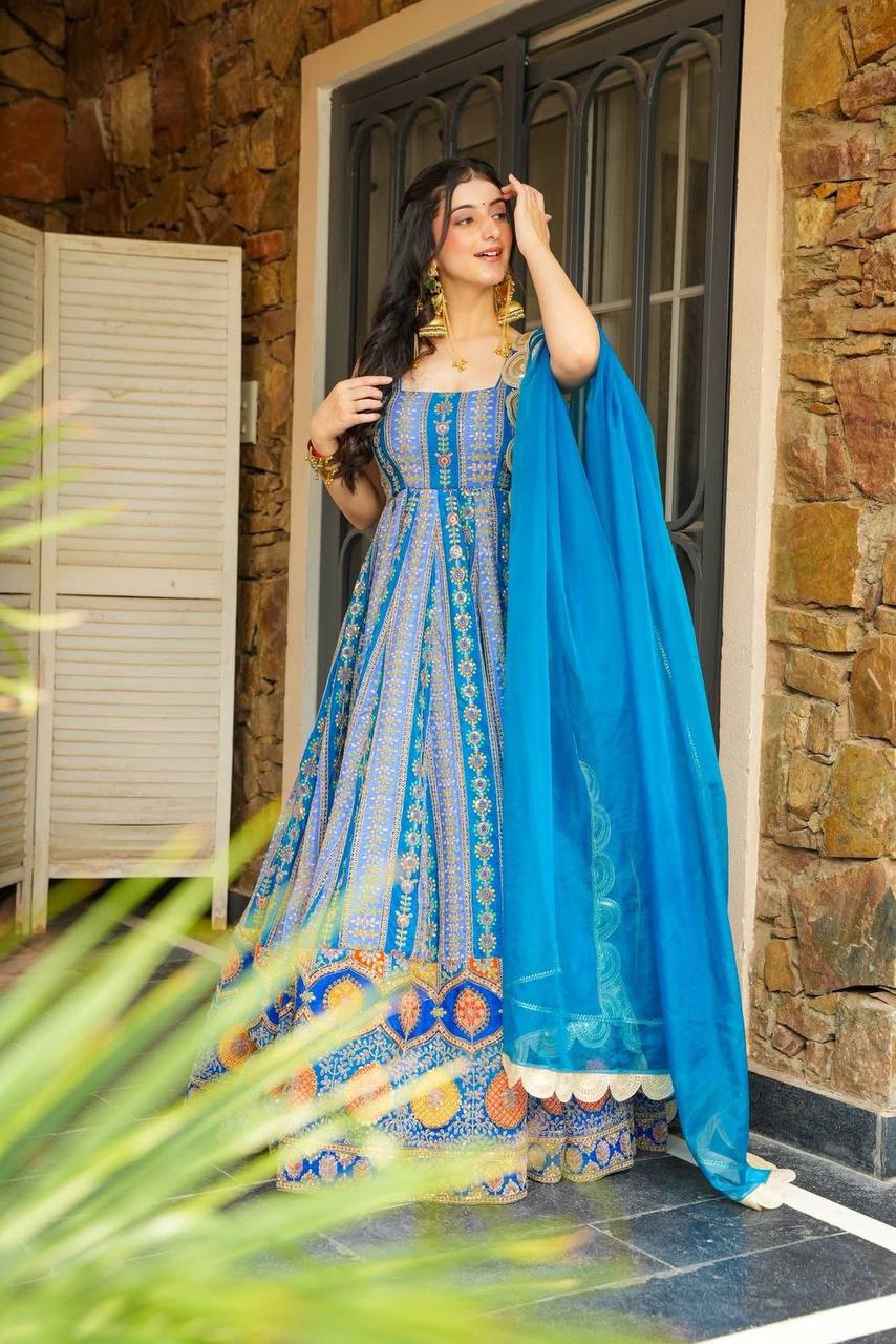 Blue Exclusive Jimmy Organza Silk Anarkali Gown with Dupatta