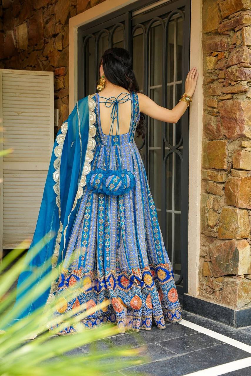 Blue Exclusive Jimmy Organza Silk Anarkali Gown with Dupatta