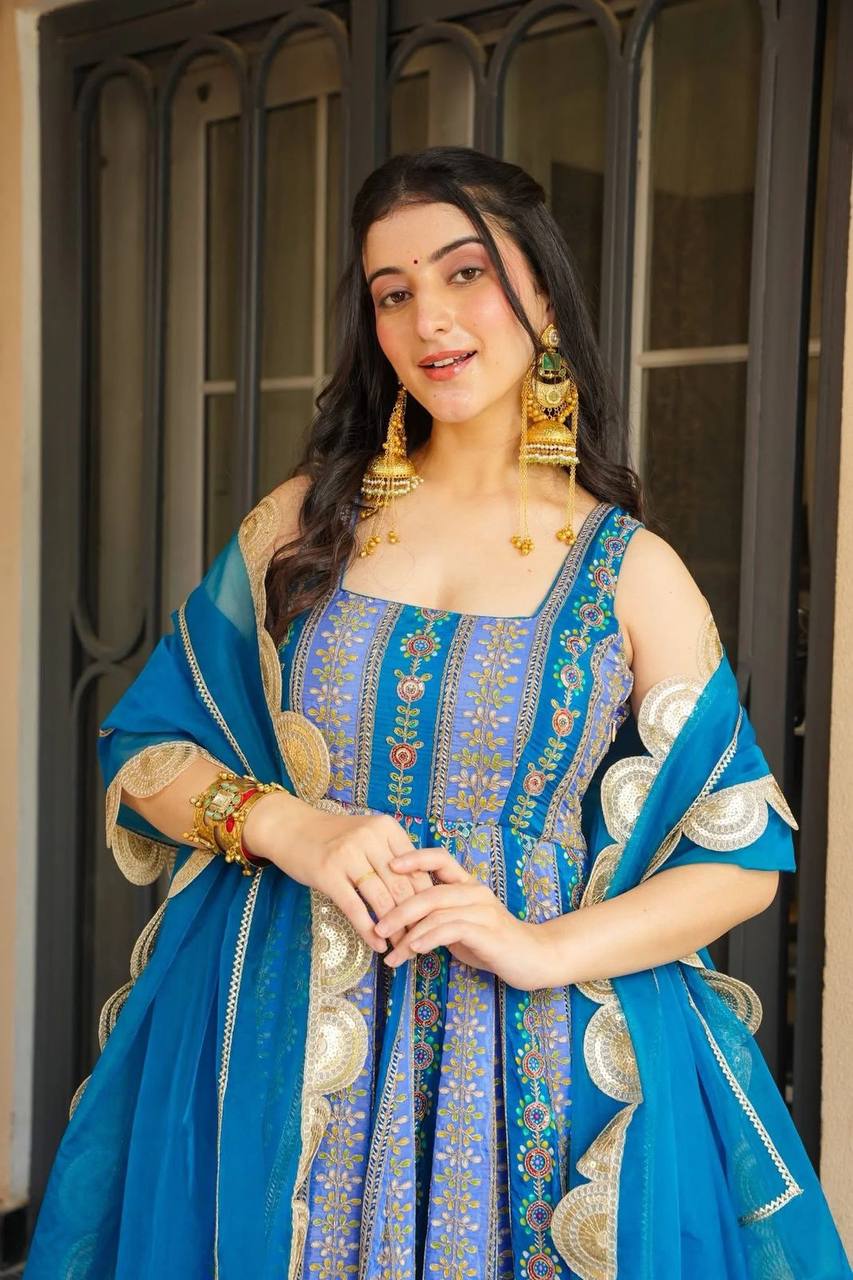Blue Exclusive Jimmy Organza Silk Anarkali Gown with Dupatta