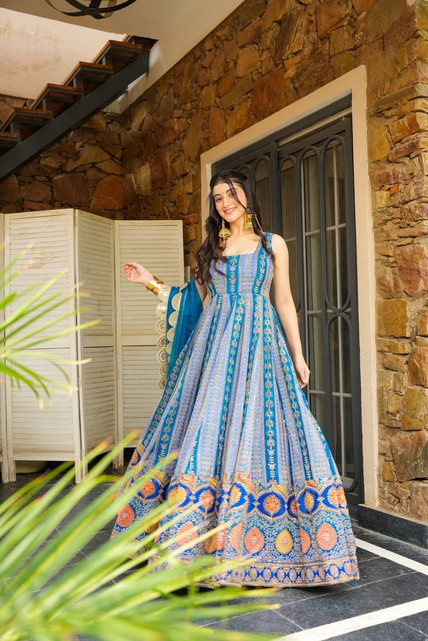 Blue Exclusive Jimmy Organza Silk Anarkali Gown with Dupatta